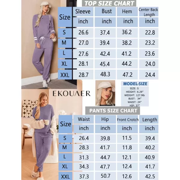 imageEkouaer Lounge Sets for Women Ribbed Knit Outfits Pajamas Sets 2 Piece Long Sleeve Sweatsuits with PocketsPurple
