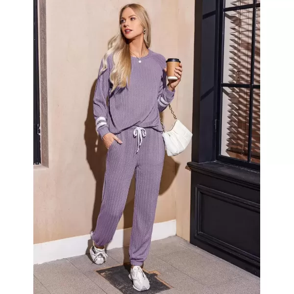 imageEkouaer Lounge Sets for Women Ribbed Knit Outfits Pajamas Sets 2 Piece Long Sleeve Sweatsuits with PocketsPurple