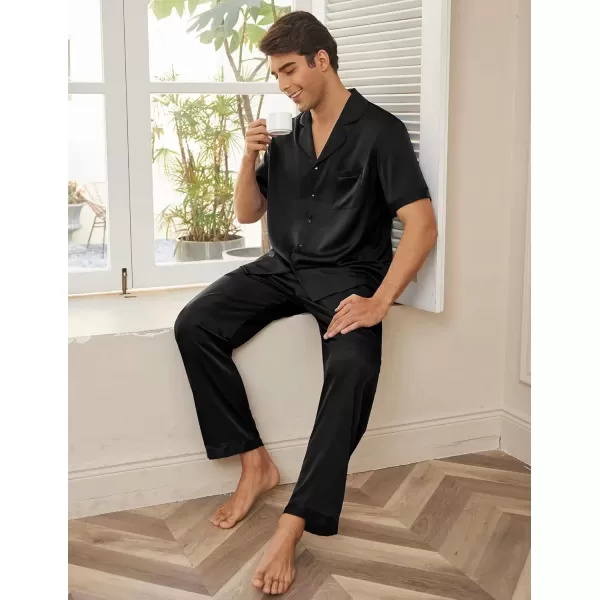 imageEkouaer Men Satin Silk Pajamas Set 2 Piece Button Down Sleepwear Long Pants Loungewear with PocketsBlack
