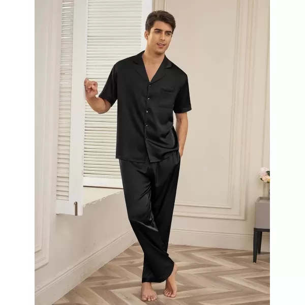 imageEkouaer Men Satin Silk Pajamas Set 2 Piece Button Down Sleepwear Long Pants Loungewear with PocketsBlack