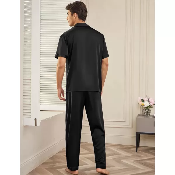 imageEkouaer Men Satin Silk Pajamas Set 2 Piece Button Down Sleepwear Long Pants Loungewear with PocketsBlack