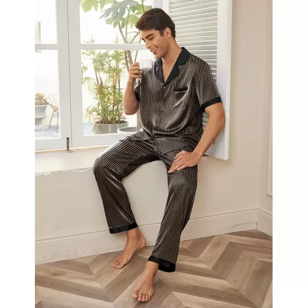 imageEkouaer Men Satin Silk Pajamas Set 2 Piece Button Down Sleepwear Long Pants Loungewear with PocketsBlack Gold Stripe