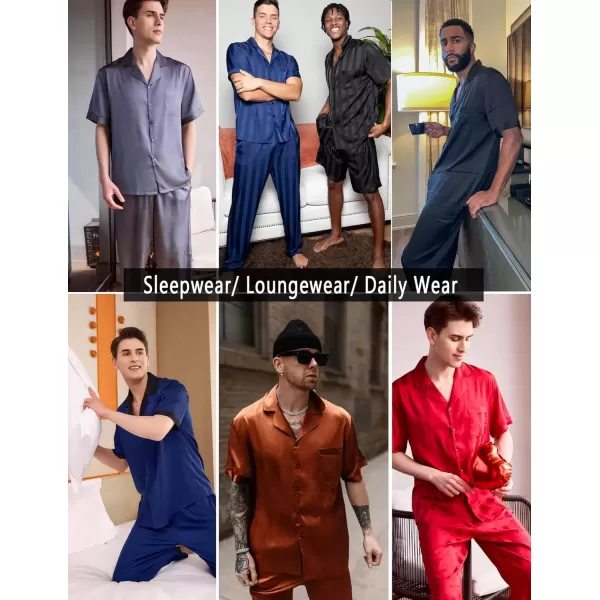 imageEkouaer Men Satin Silk Pajamas Set 2 Piece Button Down Sleepwear Long Pants Loungewear with PocketsBlack Gold Stripe