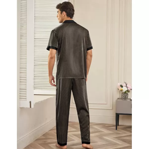 imageEkouaer Men Satin Silk Pajamas Set 2 Piece Button Down Sleepwear Long Pants Loungewear with PocketsBlack Gold Stripe