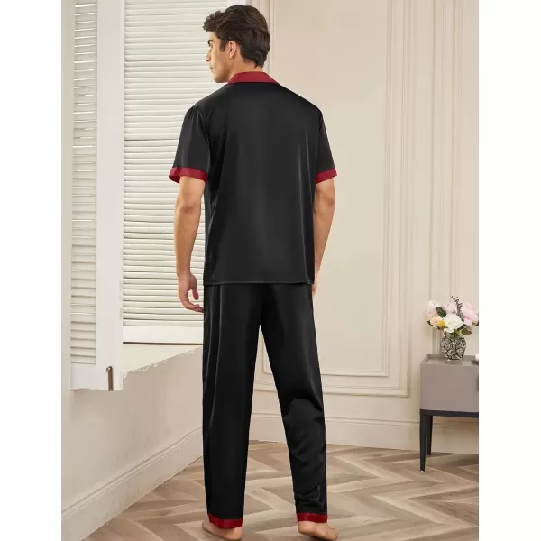 imageEkouaer Men Satin Silk Pajamas Set 2 Piece Button Down Sleepwear Long Pants Loungewear with PocketsBlack Red