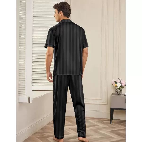imageEkouaer Men Satin Silk Pajamas Set 2 Piece Button Down Sleepwear Long Pants Loungewear with PocketsBlack Stripe