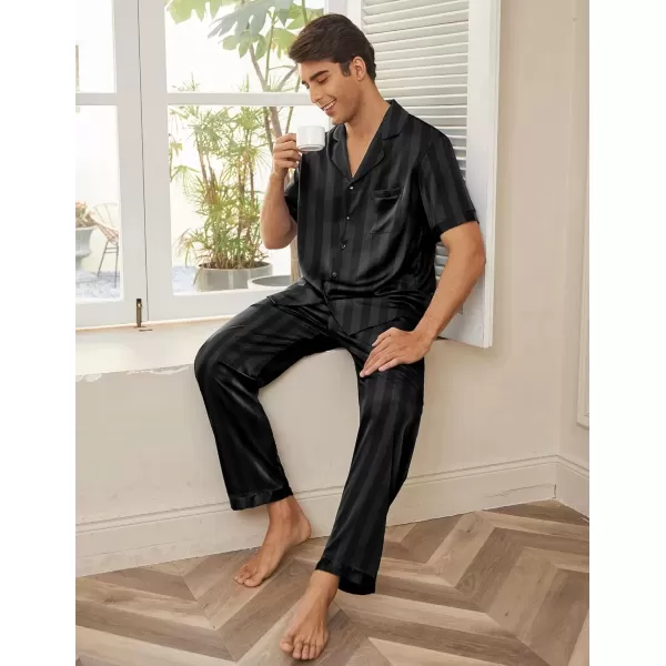 imageEkouaer Men Satin Silk Pajamas Set 2 Piece Button Down Sleepwear Long Pants Loungewear with PocketsBlack Stripe