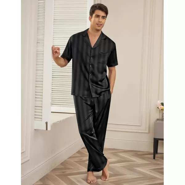 imageEkouaer Men Satin Silk Pajamas Set 2 Piece Button Down Sleepwear Long Pants Loungewear with PocketsBlack Stripe