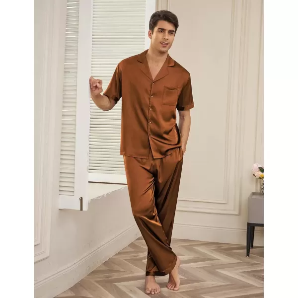 imageEkouaer Men Satin Silk Pajamas Set 2 Piece Button Down Sleepwear Long Pants Loungewear with PocketsBrown