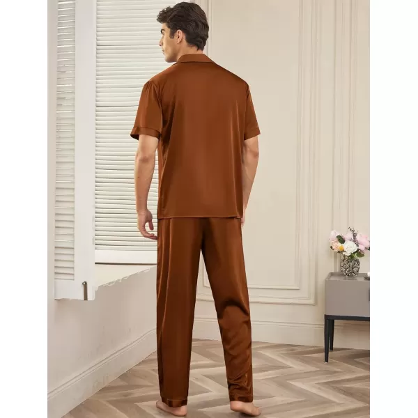 imageEkouaer Men Satin Silk Pajamas Set 2 Piece Button Down Sleepwear Long Pants Loungewear with PocketsBrown