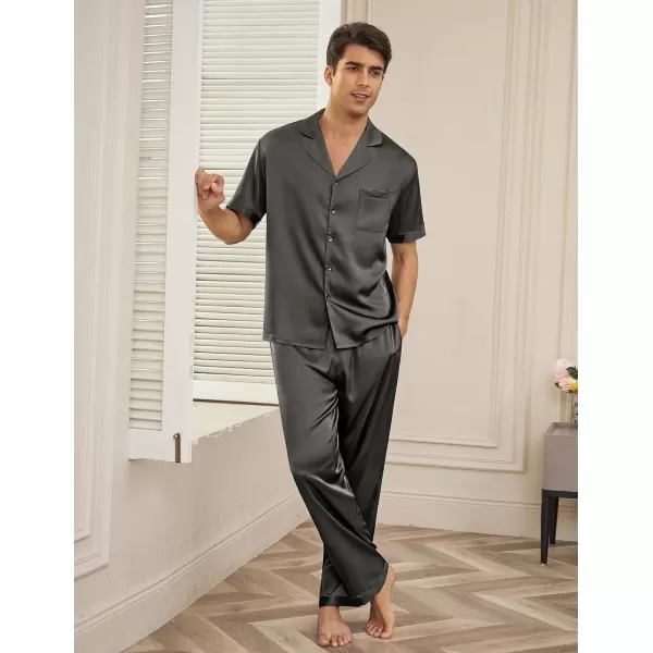 imageEkouaer Men Satin Silk Pajamas Set 2 Piece Button Down Sleepwear Long Pants Loungewear with PocketsDark Gray