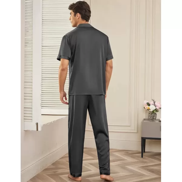 imageEkouaer Men Satin Silk Pajamas Set 2 Piece Button Down Sleepwear Long Pants Loungewear with PocketsDark Gray