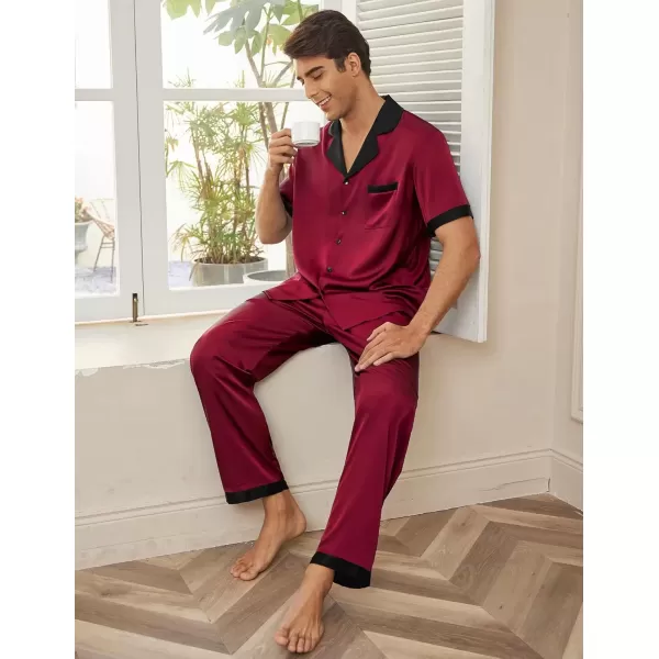 imageEkouaer Men Satin Silk Pajamas Set 2 Piece Button Down Sleepwear Long Pants Loungewear with PocketsDark Red