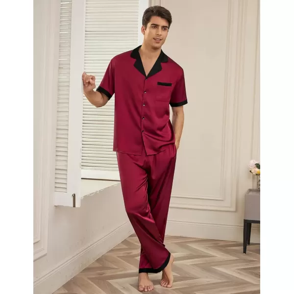 imageEkouaer Men Satin Silk Pajamas Set 2 Piece Button Down Sleepwear Long Pants Loungewear with PocketsDark Red