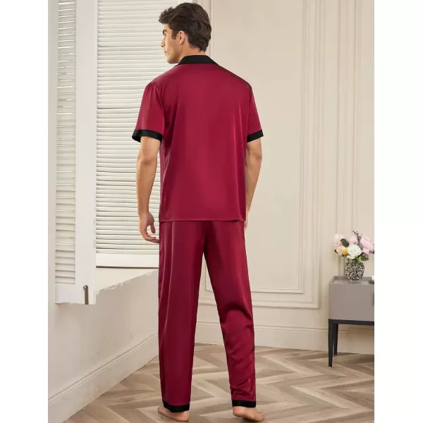 imageEkouaer Men Satin Silk Pajamas Set 2 Piece Button Down Sleepwear Long Pants Loungewear with PocketsDark Red