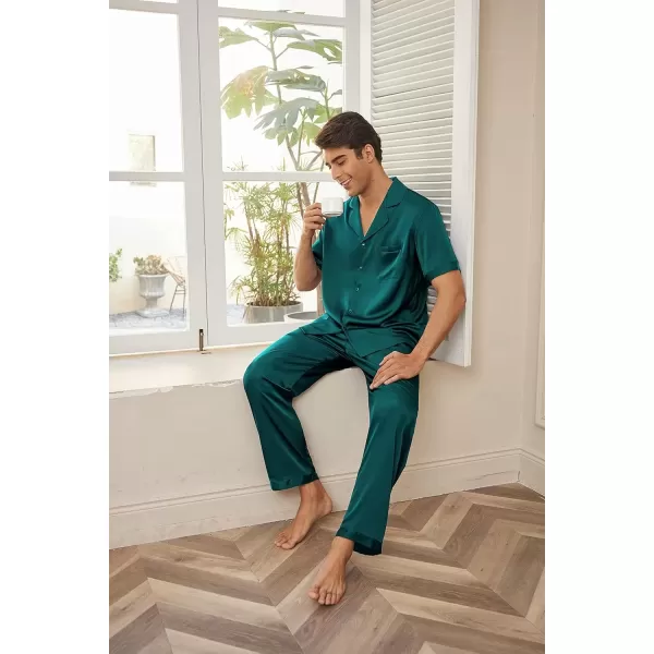 imageEkouaer Men Satin Silk Pajamas Set 2 Piece Button Down Sleepwear Long Pants Loungewear with PocketsGreen