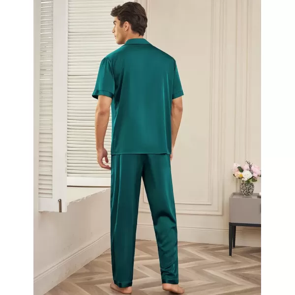 imageEkouaer Men Satin Silk Pajamas Set 2 Piece Button Down Sleepwear Long Pants Loungewear with PocketsGreen