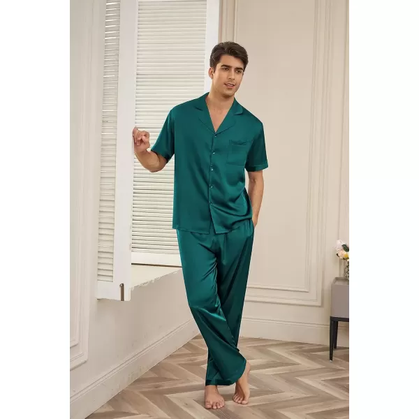 imageEkouaer Men Satin Silk Pajamas Set 2 Piece Button Down Sleepwear Long Pants Loungewear with PocketsGreen