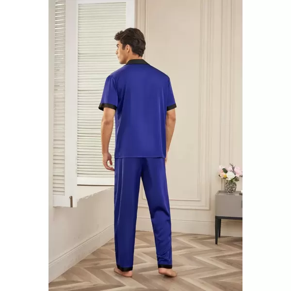 imageEkouaer Men Satin Silk Pajamas Set 2 Piece Button Down Sleepwear Long Pants Loungewear with PocketsNavy Blue