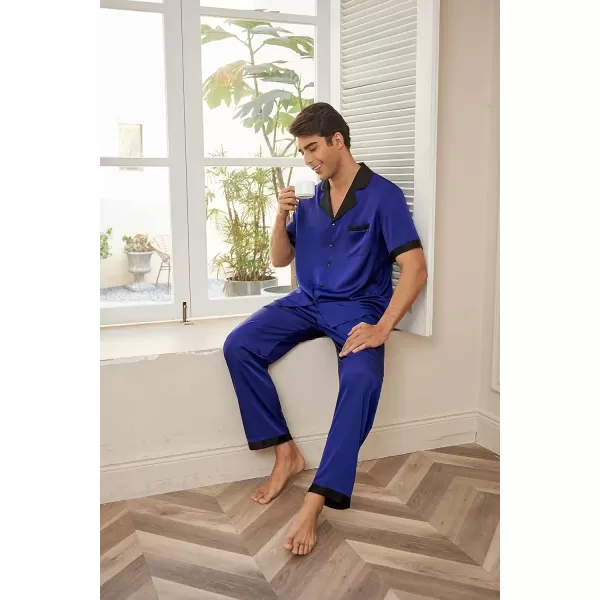 imageEkouaer Men Satin Silk Pajamas Set 2 Piece Button Down Sleepwear Long Pants Loungewear with PocketsNavy Blue