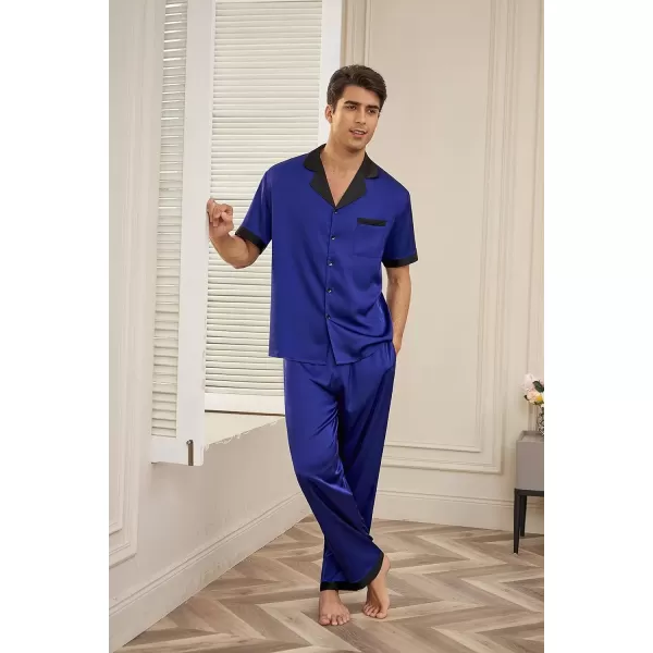 imageEkouaer Men Satin Silk Pajamas Set 2 Piece Button Down Sleepwear Long Pants Loungewear with PocketsNavy Blue