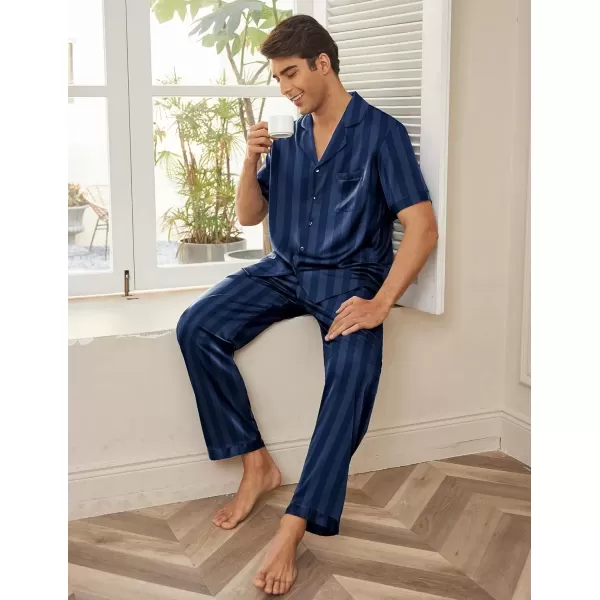 imageEkouaer Men Satin Silk Pajamas Set 2 Piece Button Down Sleepwear Long Pants Loungewear with PocketsNavy Blue Stripe