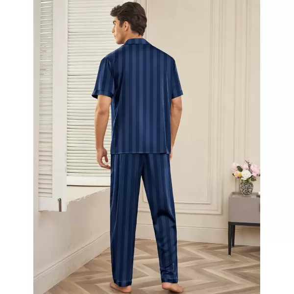 imageEkouaer Men Satin Silk Pajamas Set 2 Piece Button Down Sleepwear Long Pants Loungewear with PocketsNavy Blue Stripe