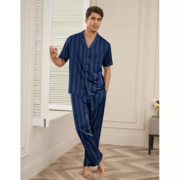 imageEkouaer Men Satin Silk Pajamas Set 2 Piece Button Down Sleepwear Long Pants Loungewear with PocketsNavy Blue Stripe