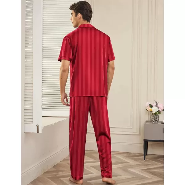 imageEkouaer Men Satin Silk Pajamas Set 2 Piece Button Down Sleepwear Long Pants Loungewear with PocketsRed Stripe