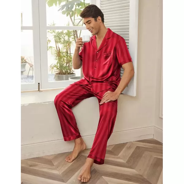 imageEkouaer Men Satin Silk Pajamas Set 2 Piece Button Down Sleepwear Long Pants Loungewear with PocketsRed Stripe