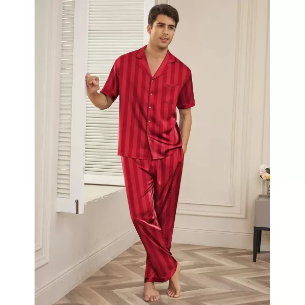 imageEkouaer Men Satin Silk Pajamas Set 2 Piece Button Down Sleepwear Long Pants Loungewear with PocketsRed Stripe