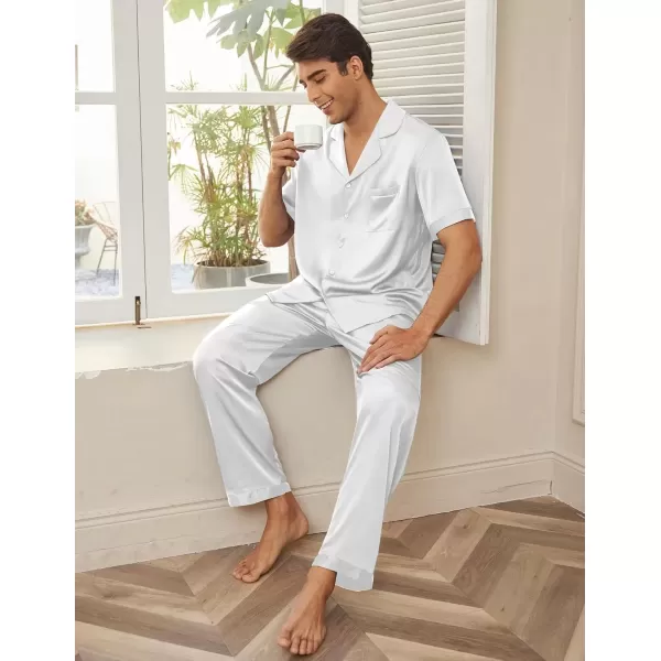 imageEkouaer Men Satin Silk Pajamas Set 2 Piece Button Down Sleepwear Long Pants Loungewear with PocketsWhite