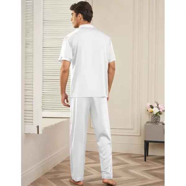 imageEkouaer Men Satin Silk Pajamas Set 2 Piece Button Down Sleepwear Long Pants Loungewear with PocketsWhite