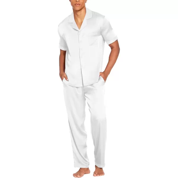 imageEkouaer Men Satin Silk Pajamas Set 2 Piece Button Down Sleepwear Long Pants Loungewear with PocketsWhite