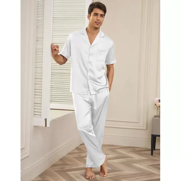 imageEkouaer Men Satin Silk Pajamas Set 2 Piece Button Down Sleepwear Long Pants Loungewear with PocketsWhite