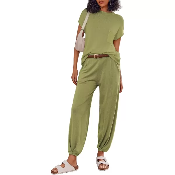 imageEkouaer Womens 2 Piece Lounge Set Cap Sleeve Tops and Jogger Pants Knit Pajama Sweatsuit SXXLArmy Green