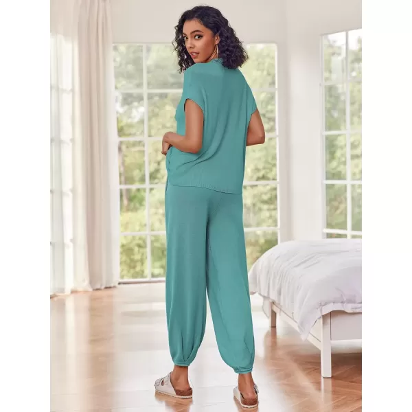imageEkouaer Womens 2 Piece Lounge Set Cap Sleeve Tops and Jogger Pants Knit Pajama Sweatsuit SXXLBlue Green