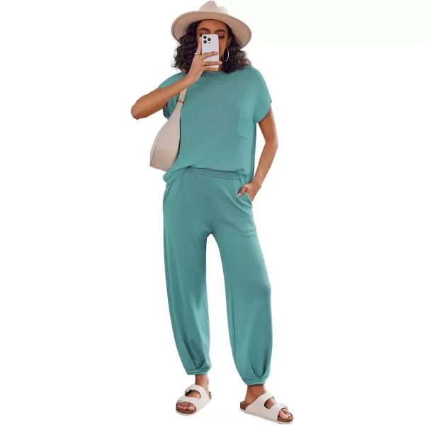 imageEkouaer Womens 2 Piece Lounge Set Cap Sleeve Tops and Jogger Pants Knit Pajama Sweatsuit SXXLBlue Green
