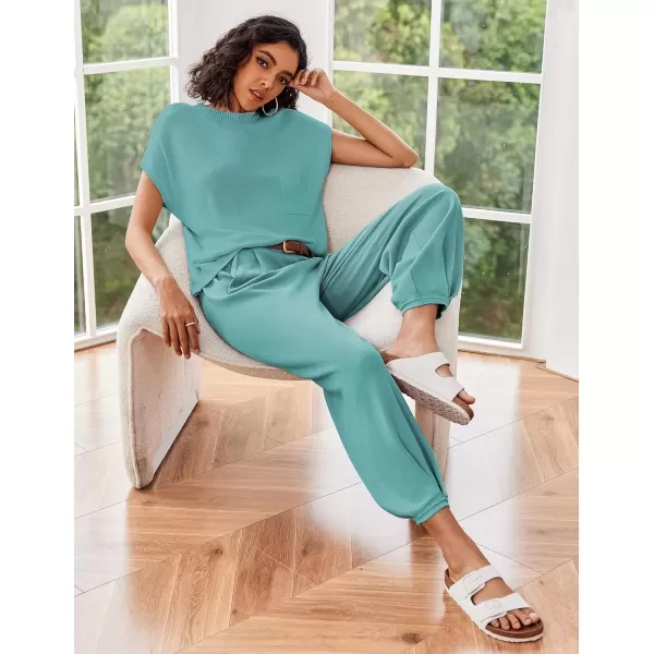 imageEkouaer Womens 2 Piece Lounge Set Cap Sleeve Tops and Jogger Pants Knit Pajama Sweatsuit SXXLBlue Green