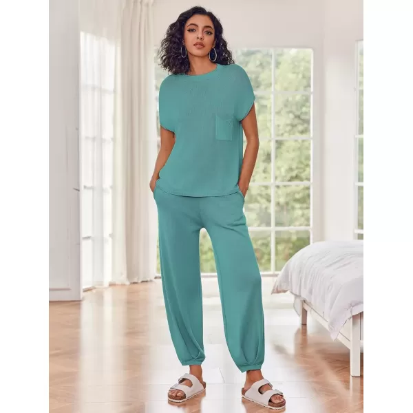 imageEkouaer Womens 2 Piece Lounge Set Cap Sleeve Tops and Jogger Pants Knit Pajama Sweatsuit SXXLBlue Green