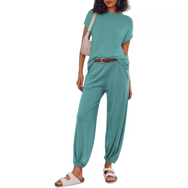 imageEkouaer Womens 2 Piece Lounge Set Cap Sleeve Tops and Jogger Pants Knit Pajama Sweatsuit SXXLBlue Green