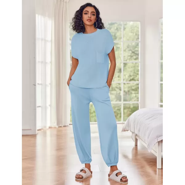 imageEkouaer Womens 2 Piece Lounge Set Cap Sleeve Tops and Jogger Pants Knit Pajama Sweatsuit SXXLClear Blue