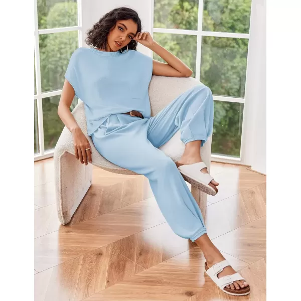 imageEkouaer Womens 2 Piece Lounge Set Cap Sleeve Tops and Jogger Pants Knit Pajama Sweatsuit SXXLClear Blue