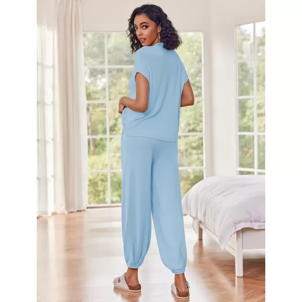 imageEkouaer Womens 2 Piece Lounge Set Cap Sleeve Tops and Jogger Pants Knit Pajama Sweatsuit SXXLClear Blue