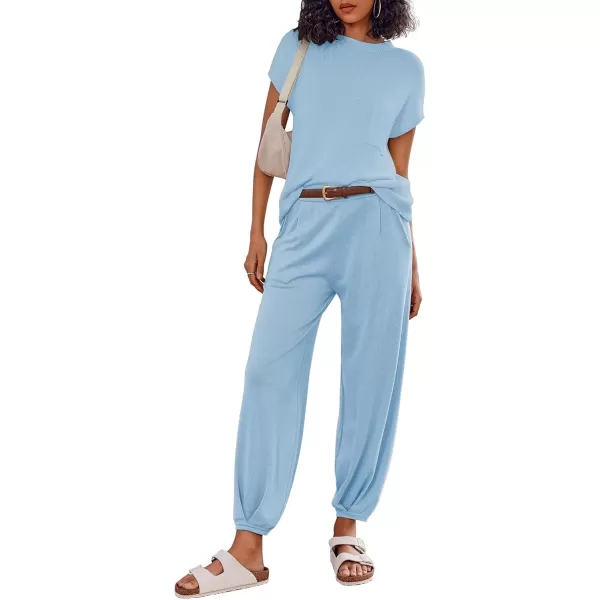 imageEkouaer Womens 2 Piece Lounge Set Cap Sleeve Tops and Jogger Pants Knit Pajama Sweatsuit SXXLClear Blue