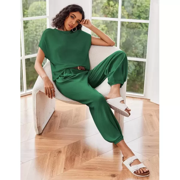 imageEkouaer Womens 2 Piece Lounge Set Cap Sleeve Tops and Jogger Pants Knit Pajama Sweatsuit SXXLDark Green