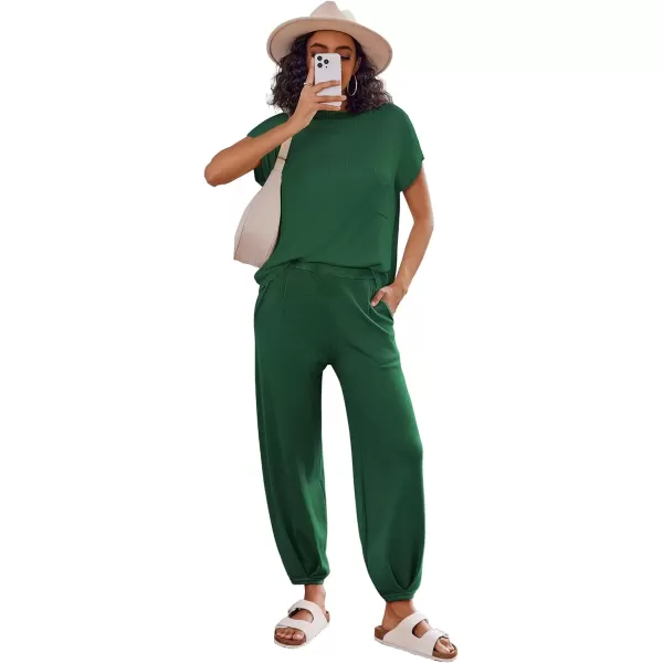 imageEkouaer Womens 2 Piece Lounge Set Cap Sleeve Tops and Jogger Pants Knit Pajama Sweatsuit SXXLDark Green