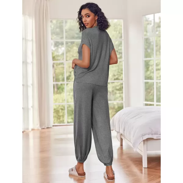 imageEkouaer Womens 2 Piece Lounge Set Cap Sleeve Tops and Jogger Pants Knit Pajama Sweatsuit SXXLDeep Grey