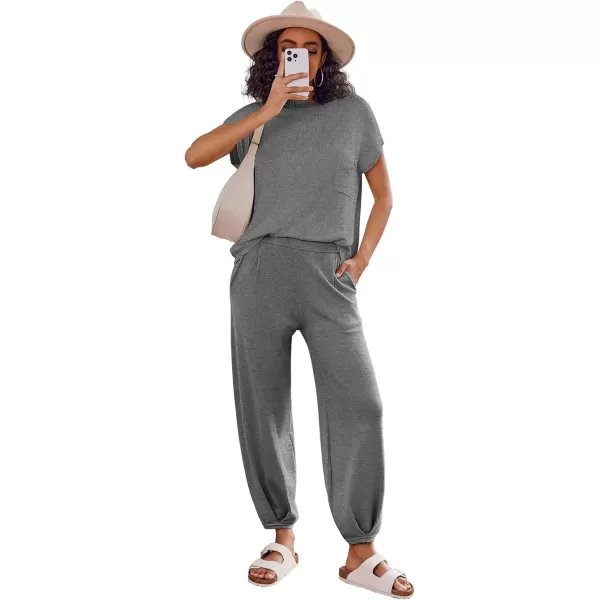 imageEkouaer Womens 2 Piece Lounge Set Cap Sleeve Tops and Jogger Pants Knit Pajama Sweatsuit SXXLDeep Grey