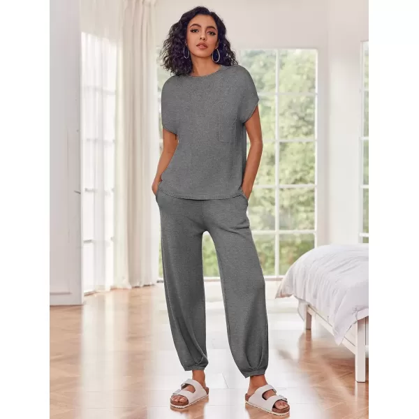 imageEkouaer Womens 2 Piece Lounge Set Cap Sleeve Tops and Jogger Pants Knit Pajama Sweatsuit SXXLDeep Grey